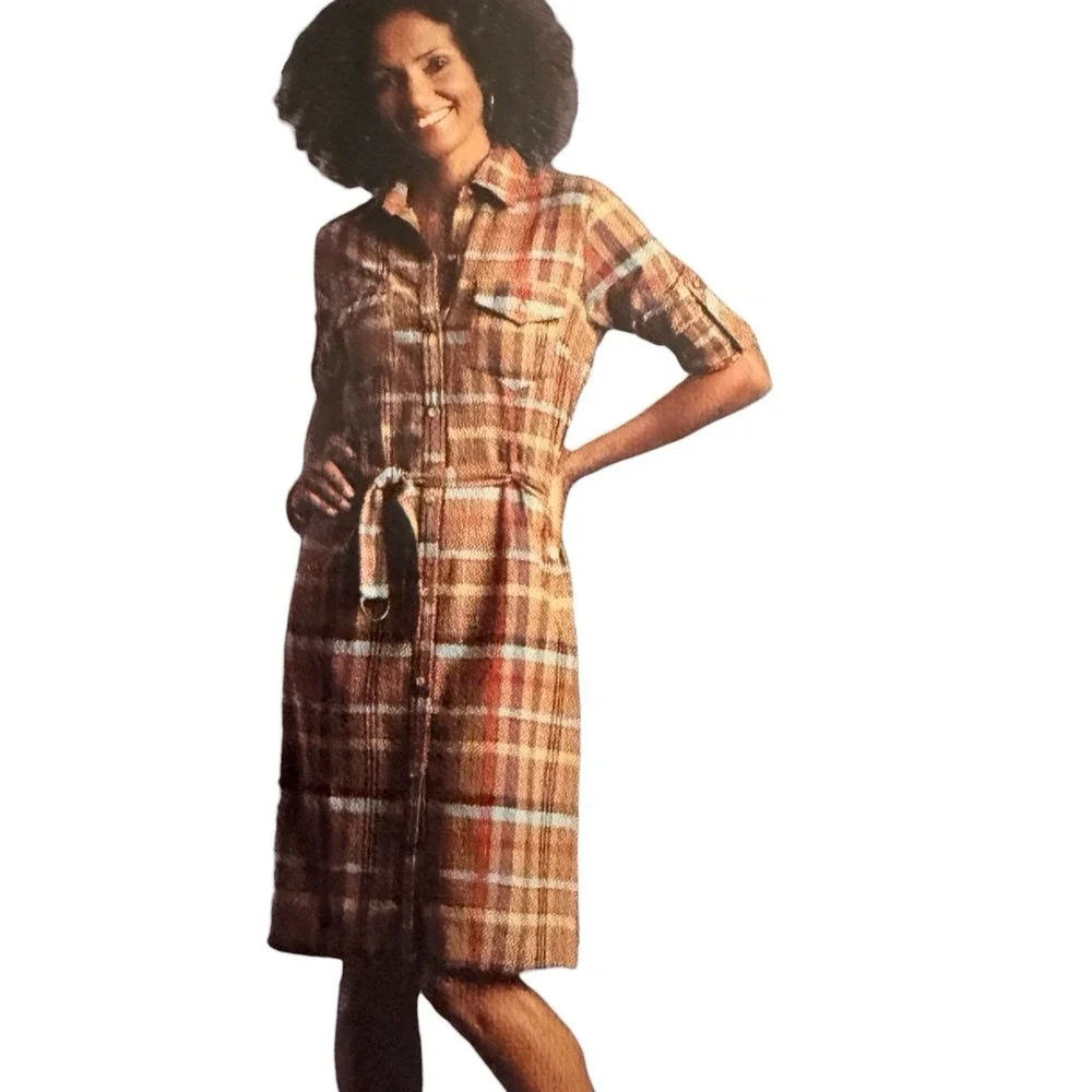 Vtg White Stag Dress 12 Plaid Midi Shirtdress Linen Blend Belt Button Front Y2K - Picture 1 of 16